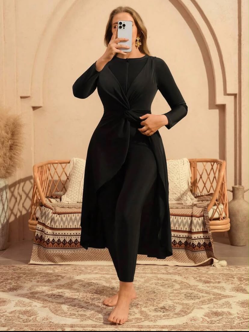 Black Modest Swim Set with Long Sleeve Wrap Cover-Up – SHEIN Fast Delivery in 5 Days