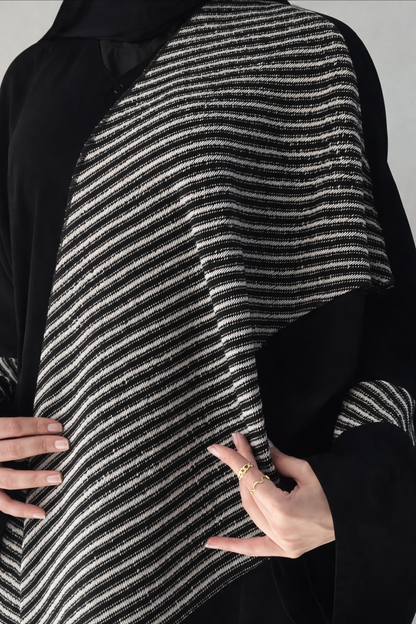 Women’s Black Modest Hooded Poncho Abaya with Textured Contrast Panel – Oversized Casual Islamic Outerwear