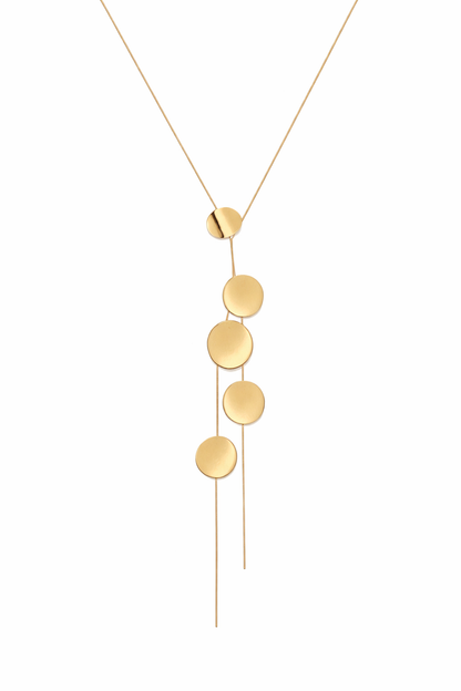 Women’s Gold Geometric Disc Pendant Necklace – Long Layered Statement Chain – Minimalist Modern Fashion Jewelry