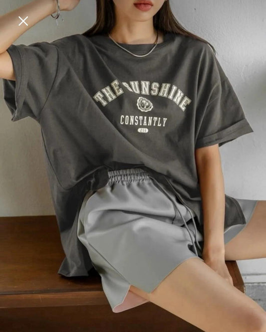 Women’s Grey The Sunshine Graphic T-Shirt – Oversized Washed Casual Top