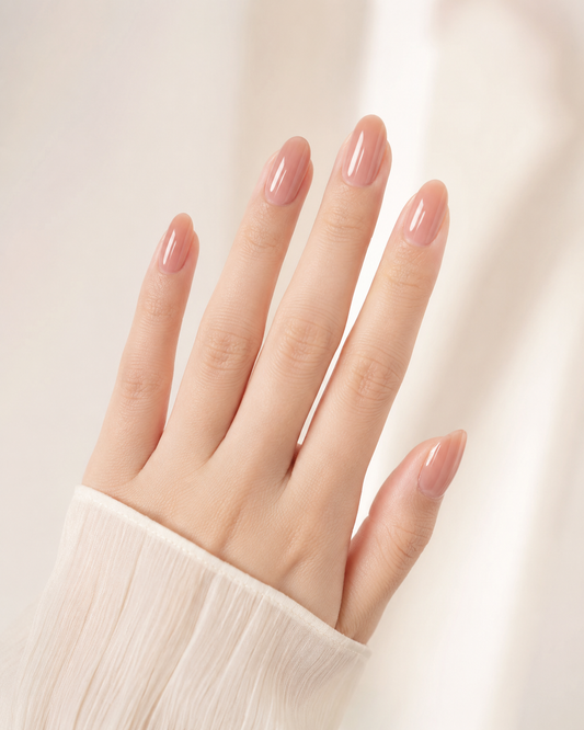 Glossy Nude Almond Press-On Nails, Elegant Natural Pink False Nail Set