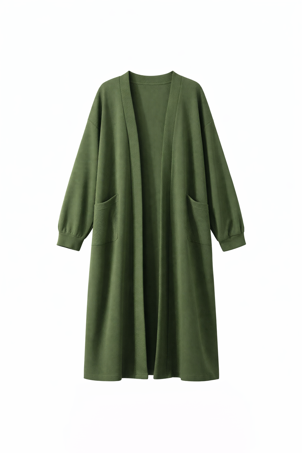Olive Green Long Open Front Pocket Cardigan – Modest Oversized Casual Maxi Cover Up for Women