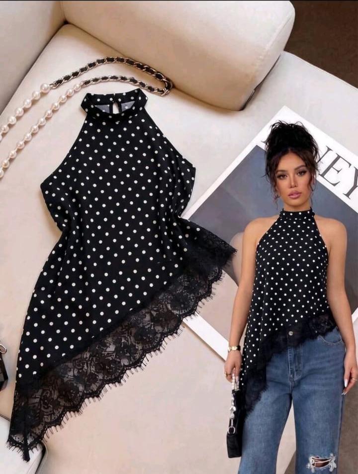 SHEIN Fast Delivery Women’s Black Polka Dot Halter Top with Lace Hem