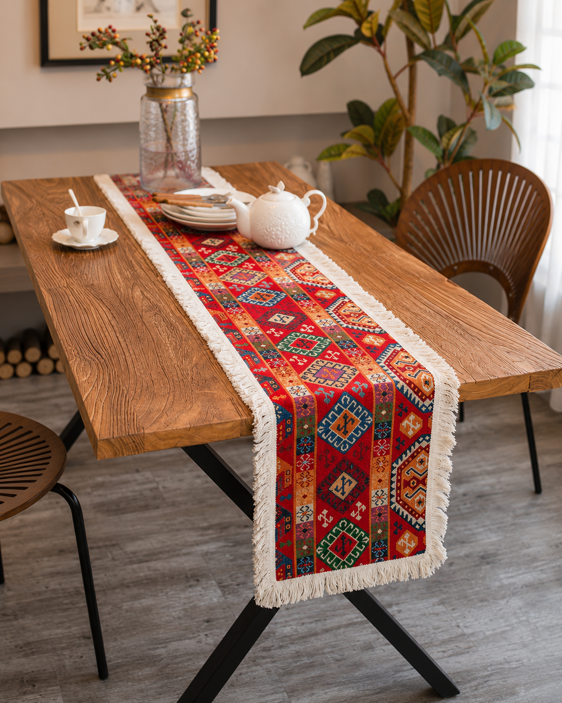 Bohemian Red Geometric Tassel Table Runner