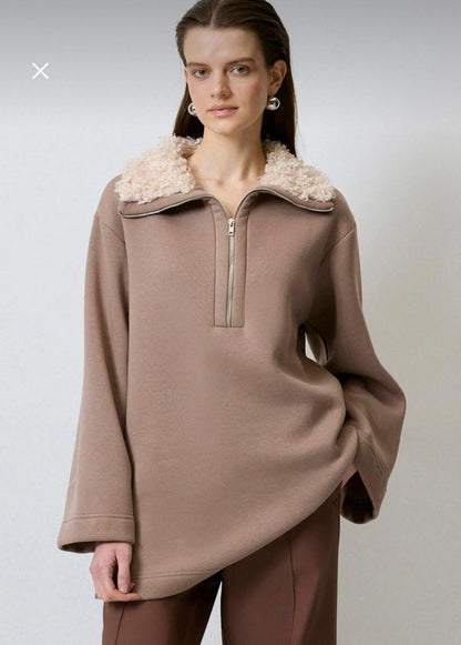 Women’s Taupe Oversized Half-Zip Fleece Collar Sweatshirt – Cozy Longline Winter Pullover