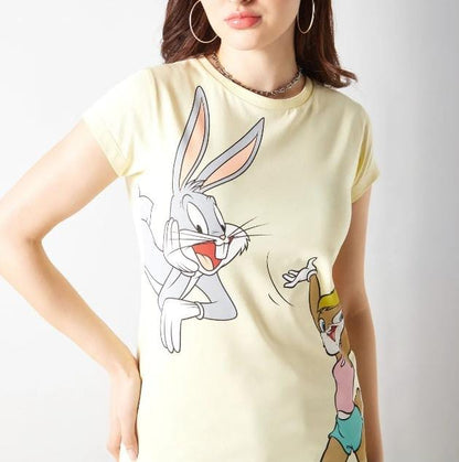 Women’s Splash Bugs Bunny Graphic T-Shirt – Light Yellow Short Sleeve Casual Top