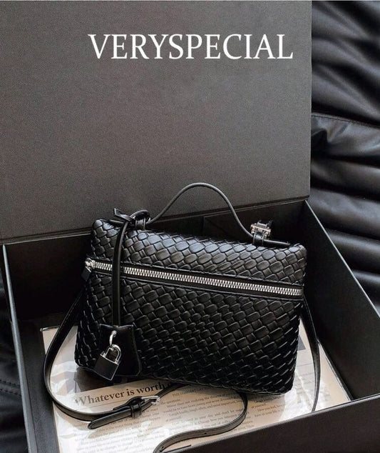 Black Woven Leather Crossbody Bag â€“ Elegant Textured Women Shoulder Handbag  Product Description