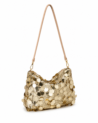 Light Gold Sequin Shoulder Bag with Long Strap, Shimmer Evening Hobo Bag for Parties & Special Occasions