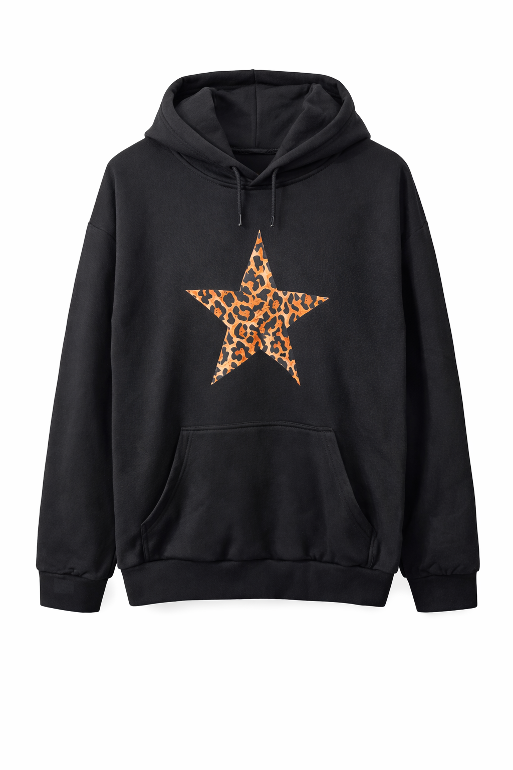 Black Oversized Star Print Hoodie – Leopard Star Casual Winter Sweatshirt for Women