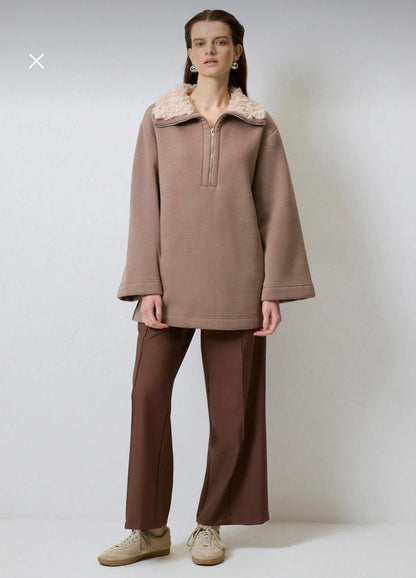Women’s Taupe Oversized Half-Zip Fleece Collar Sweatshirt – Cozy Longline Winter Pullover