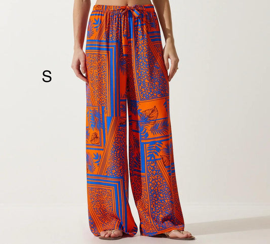 Women’s Trendyol Orange Blue Printed Wide Leg Pants – Viscose Summer Palazzo Pants