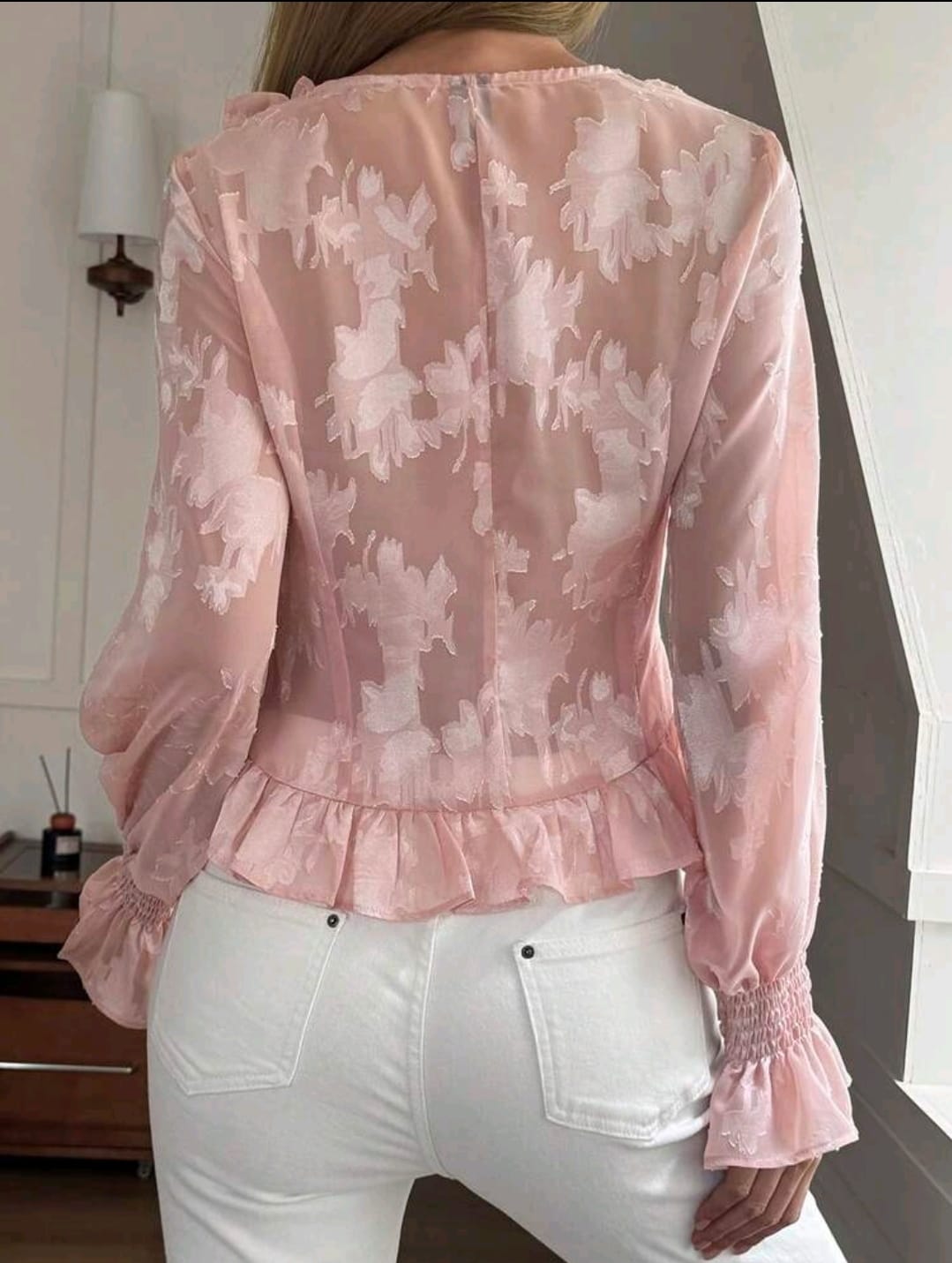 SHEIN Women Pink Ruffle V Neck Long Sleeve Blouse
