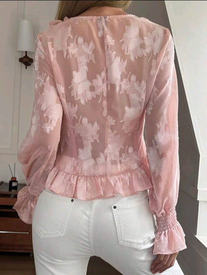 SHEIN Women Pink Ruffle V Neck Long Sleeve Blouse