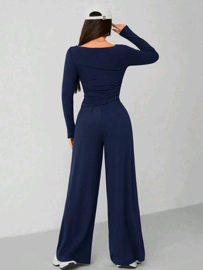 Navy Blue Women’s Two-Piece Lounge Set with Long Sleeve Top and Wide Leg Pants
