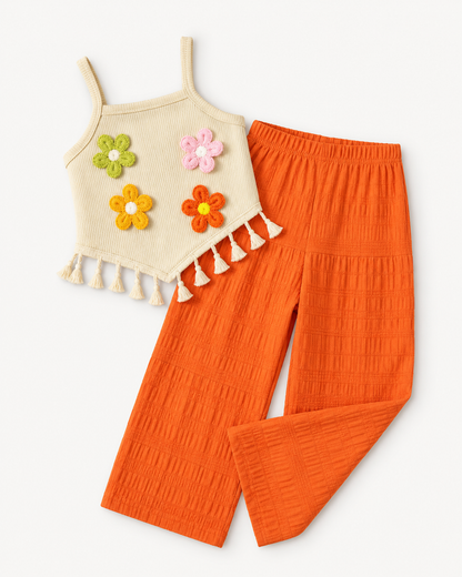Girls Floral Crochet Top & Orange Wide Leg Pants Set – Summer 2 Piece Kids Outfit, Fast Delivery in 5 Days