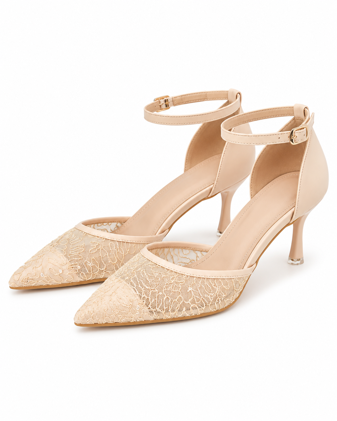 Beige Lace Pointed Toe Ankle Strap Kitten Heels for Women