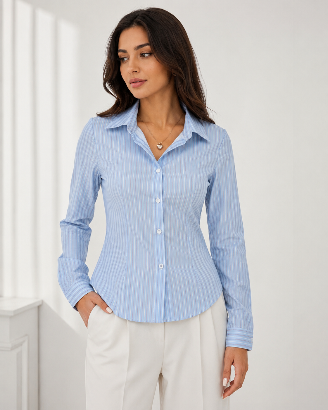 Women’s Light Blue Striped Shirt – Long Sleeve Casual Button-Up Blouse