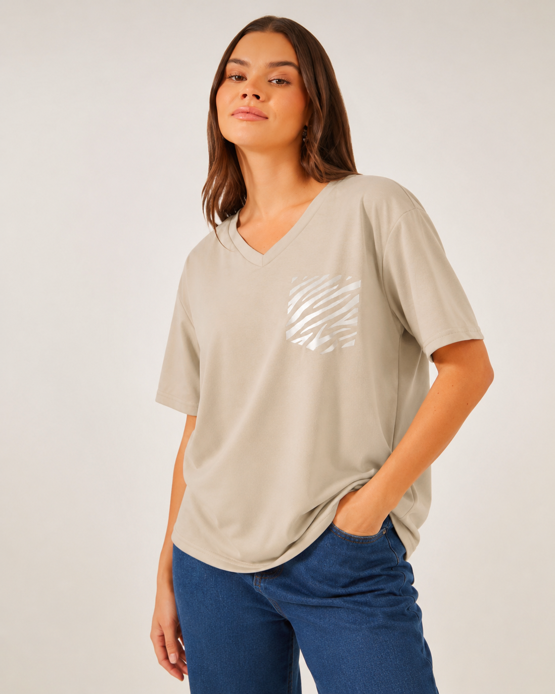 SHEIN Fast Delivery in 5 Days Beige Zebra Pocket V-Neck T-Shirt