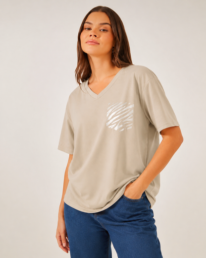 SHEIN Fast Delivery in 5 Days Beige Zebra Pocket V-Neck T-Shirt