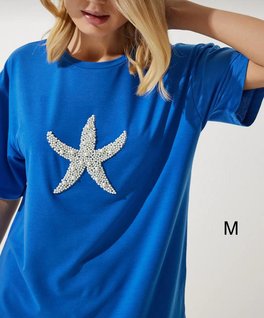 Women’s Blue Pearl Starfish Embellished Cotton T-Shirt, Casual Short Sleeve Top