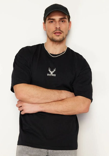 Men’s Black Wild Deer Cotton T-Shirt, Small Chest Logo Casual Short Sleeve Top
