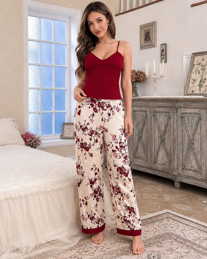 Women’s Floral Lounge Set – Burgundy Cami Top & Cream Wide Leg Pants