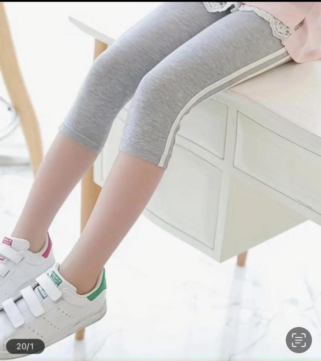 Girls Capri Leggings Set – Soft Stretch Knee-Length Cotton Blend – Grey Side Stripe & Black Love Print – Casual Everyday Kids Bottoms