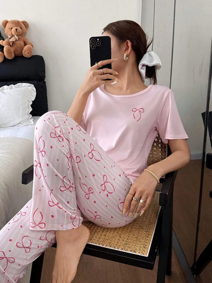 Women’s Pink Bow Print Pajama Set – SHEIN Fast Delivery in 5 Days