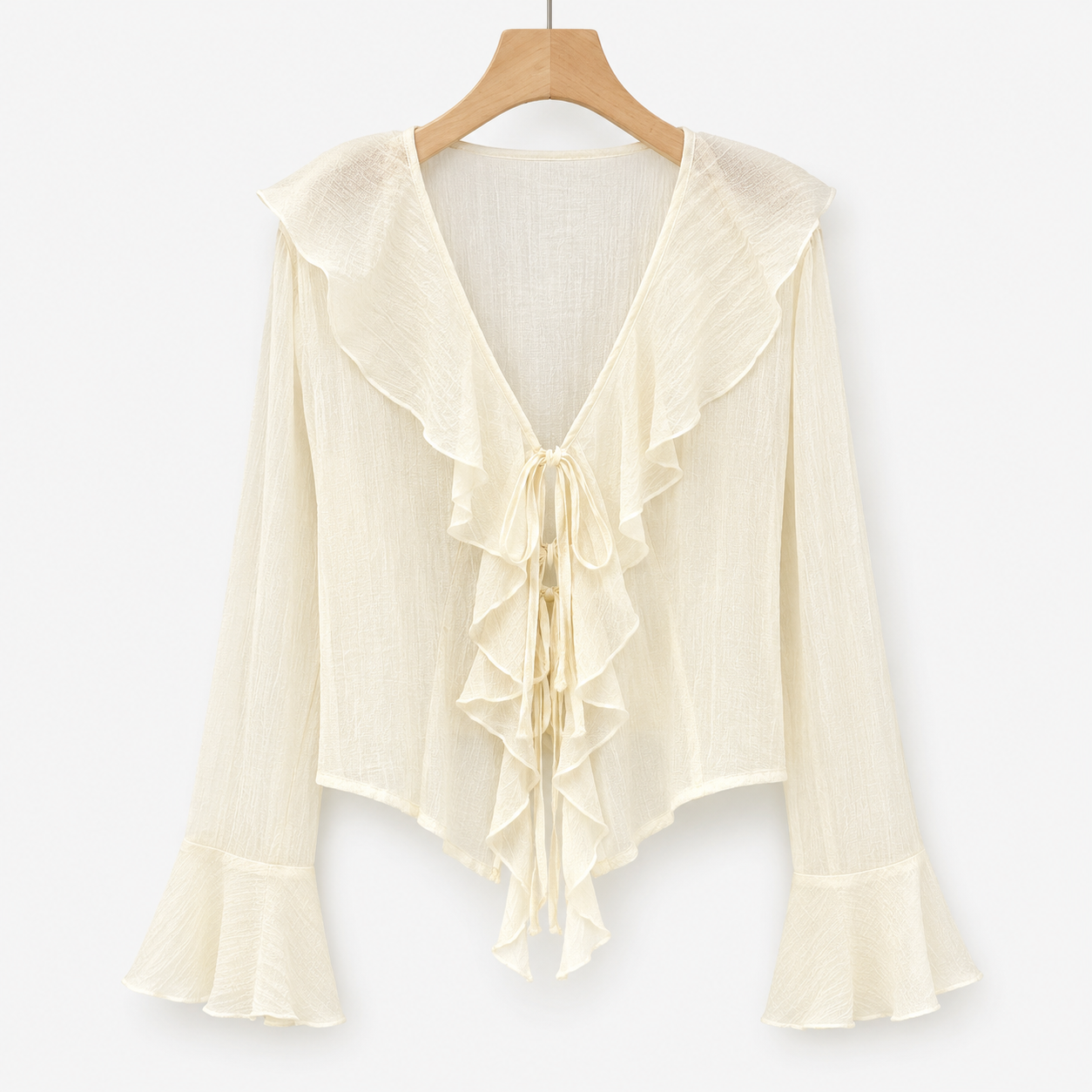SHEIN Frenchy Women’s Ivory Sheer Ruffle Tie Front Blouse – Lyocell Blend Long Sleeve Top, SHEIN Fast Delivery in 5 Days