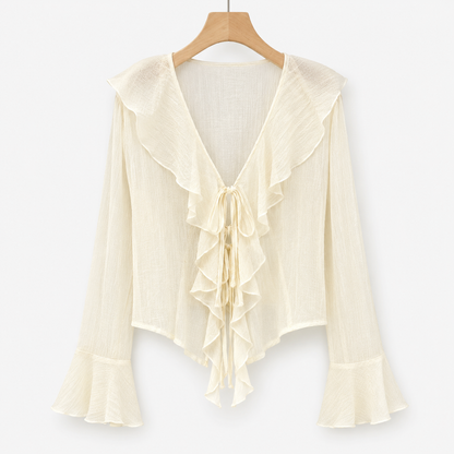 SHEIN Frenchy Women’s Ivory Sheer Ruffle Tie Front Blouse – Lyocell Blend Long Sleeve Top, SHEIN Fast Delivery in 5 Days