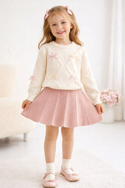 Girls 2pcs Bow Decor Sweater & Pleated Skirt Set – Cute Long Sleeve Knit Outfit – Cream & Pink