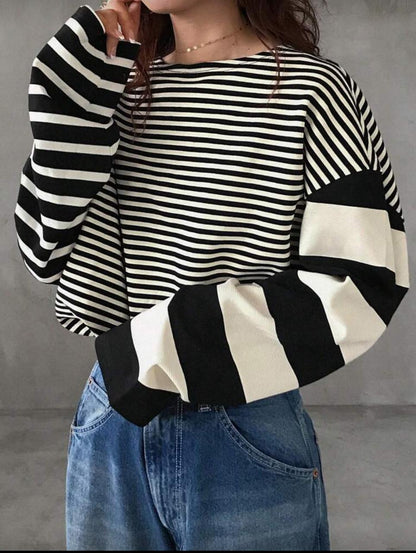 Women’s Black & White Mixed Stripe Long Sleeve Top – Casual Oversized Blouse