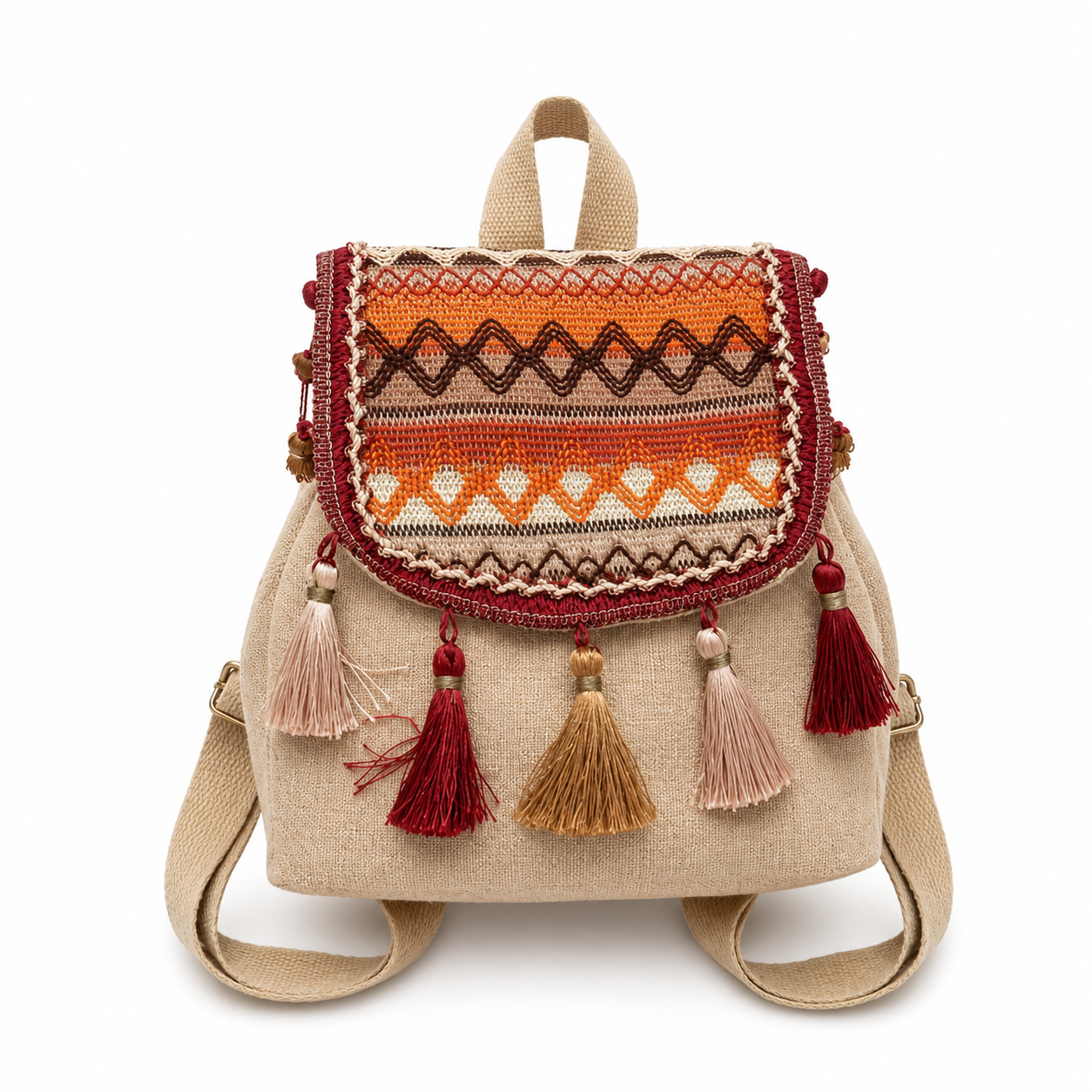 Boho Embroidered Mini Backpack with Tassels, Red Orange Canvas Travel Bag