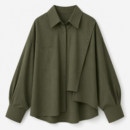 SHEIN Women’s Olive Green Asymmetric Button-Up Shirt – Oversized Long Sleeve Blouse, SHEIN Fast Delivery in 5 Days