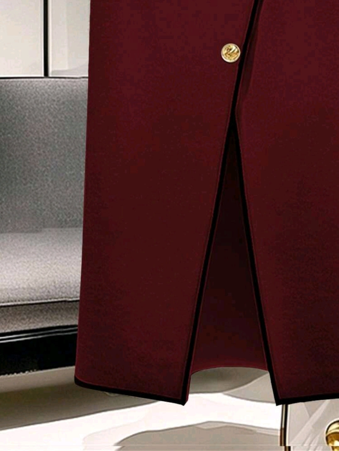 Burgundy High Waist Midi Skirt with Gold Button Detail and Front Slit
