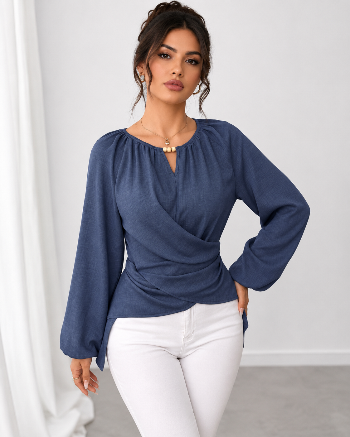 SHEIN Fast Delivery Wrap Front Long Sleeve Blouse – Navy Blue & Black