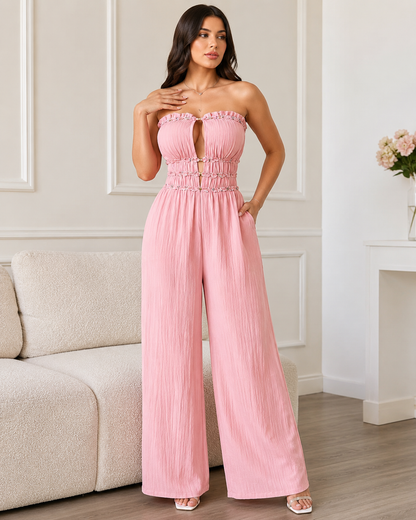SHEIN Women Pink Strapless Cut Out Wide Leg Jumpsuit
