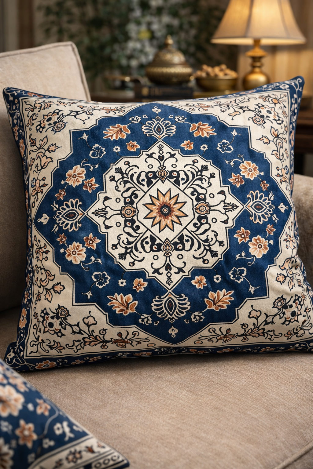 Oriental Blue Cushion Cover 45x45 – Vintage Floral Ethnic Design