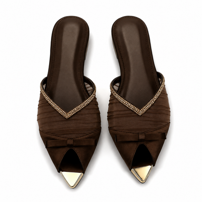 SHEIN Women’s Brown Satin Flat Mules – Rhinestone V Strap Pointed Toe Slides, SHEIN Fast Delivery in 5 Days