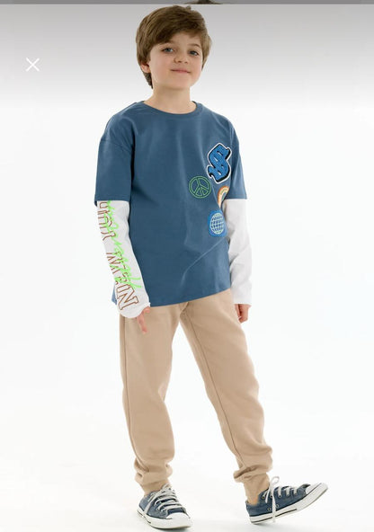Boys Blue Layered Graphic T-Shirt – Trendy Long Sleeve Casual Top for Kids