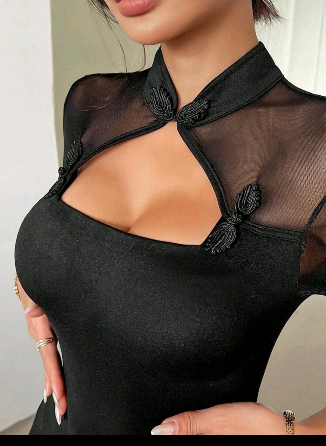 SHEIN Women Black Mesh Mandarin Collar Cut Out Top