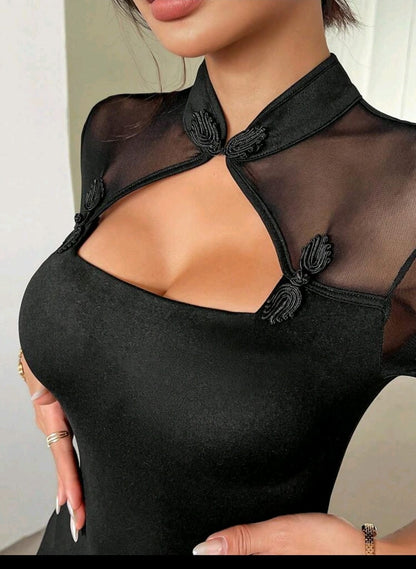SHEIN Women Black Mesh Mandarin Collar Cut Out Top