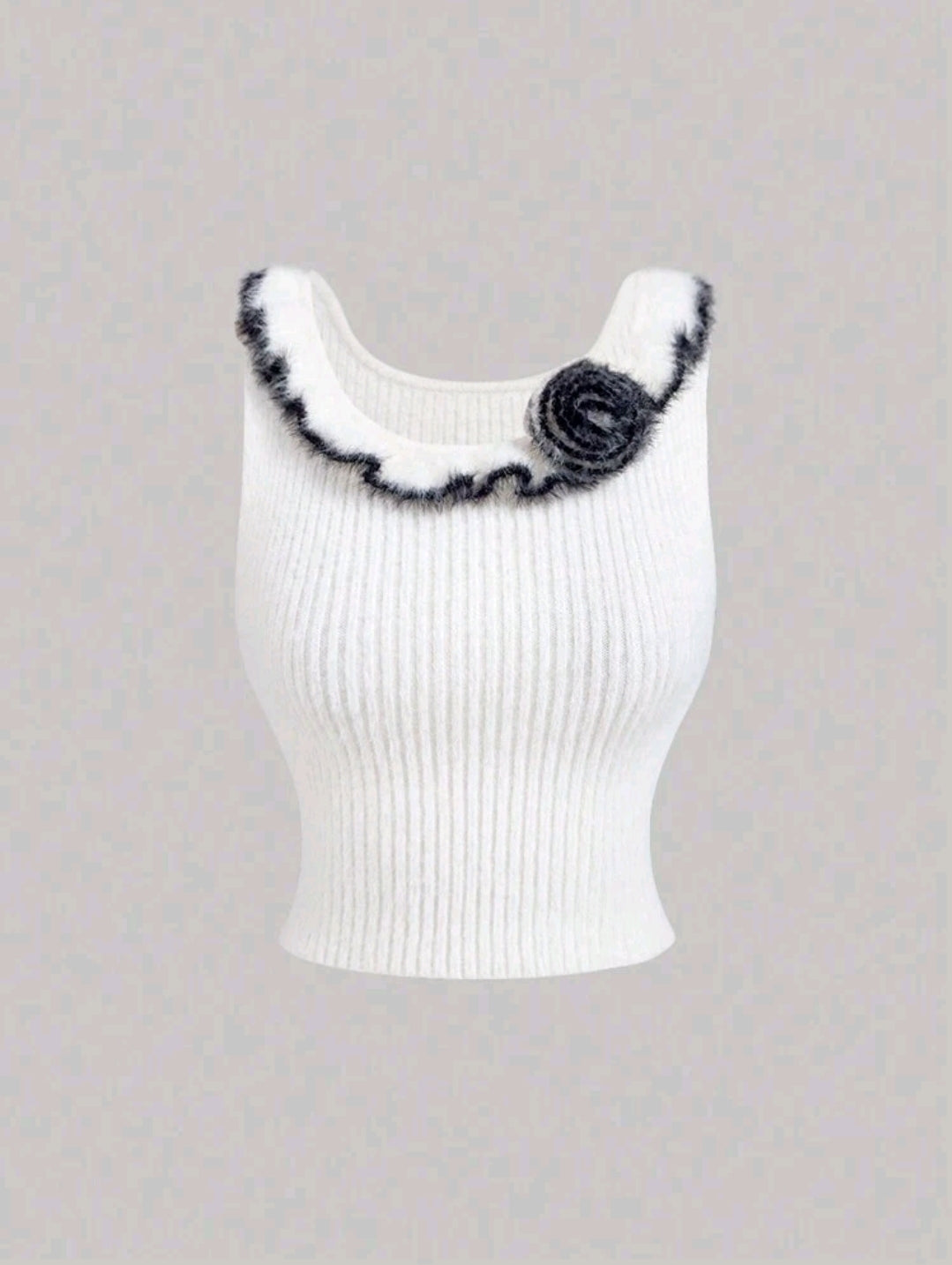 White Ribbed Knit Tank Top with Black Trim Flower Detail