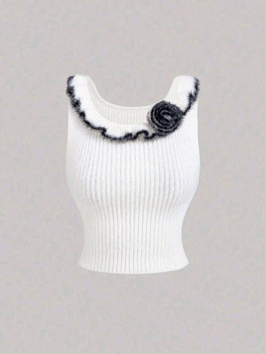 White Ribbed Knit Tank Top with Black Trim Flower Detail