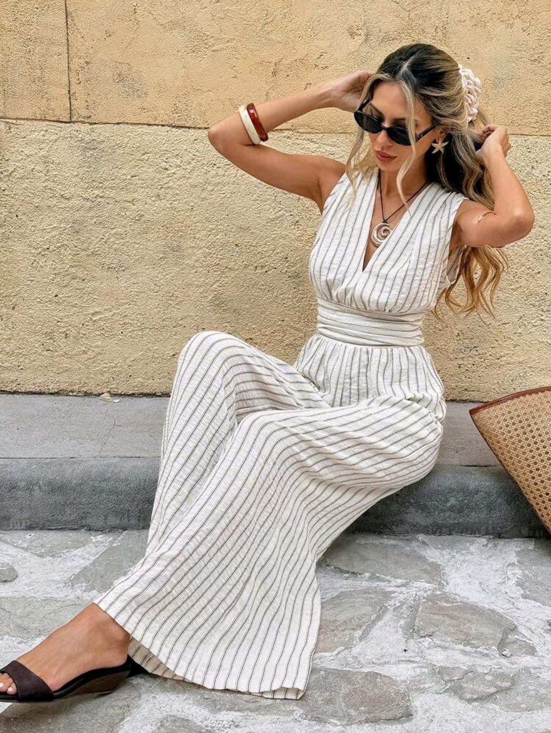 Frenchy Beige Striped Sleeveless Wide Leg Jumpsuit for Women – Summer V-Neck Waist Detail Elegant Casual One Piece