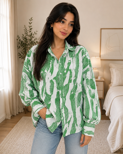 SHEIN Women’s Green Abstract Oversized Shirt – Long Sleeve Button-Up Blouse, SHEIN Fast Delivery in 5 Days