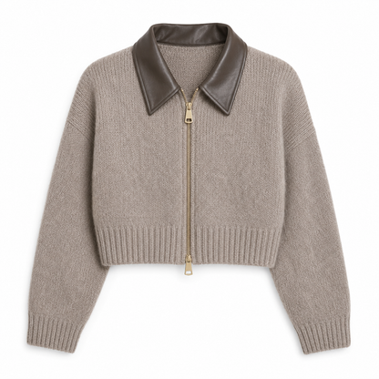 Women Beige Cropped Knit Cardigan with Faux Leather Collar and Front Zipper