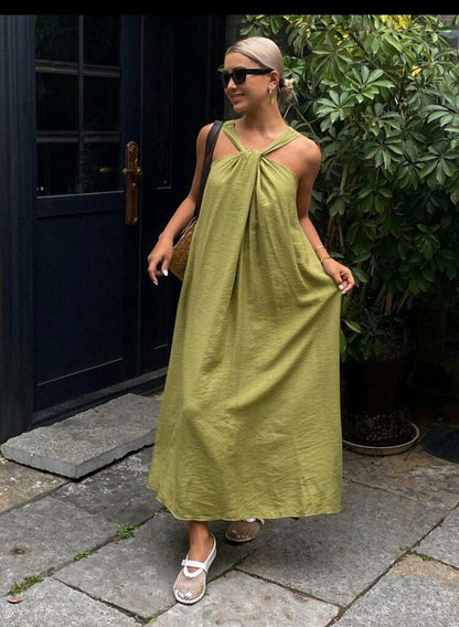 Olive Green Twist Neck Maxi Dress for Women – Casual Summer Loose Fit Dress