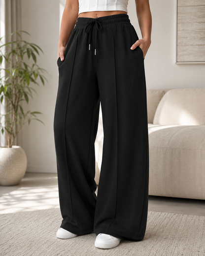 Women’s Wide Leg Drawstring Pants – Black Casual Loose Fit Trousers