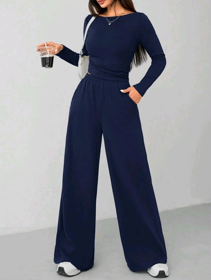 Navy Blue Women’s Two-Piece Lounge Set with Long Sleeve Top and Wide Leg Pants